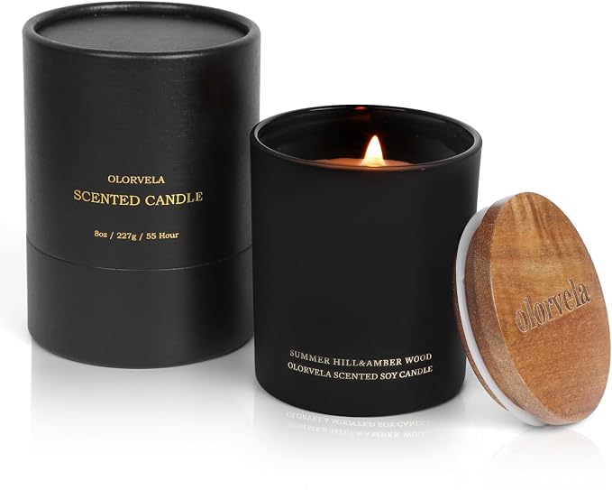 Scented Candles for Men, 8oz Candle for Home Scented, 50-Hour Burn Time Long-Lasting Aroma, Aromatherapy Gifts for Men (Summer Hill & Amber Wood, Wood Wicked)