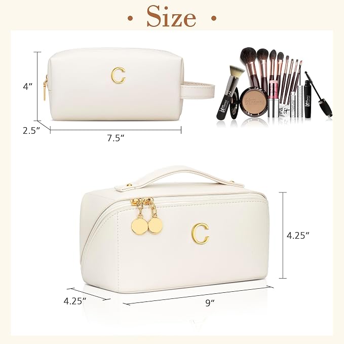 KKXIU Initial Makeup Bag for Women - Personalized Makeup Bag Gifts for Women, Travel Toiletry Bag with PU Leather, Open Flat Design with Top Handle, Cosmetic Bag Set with Multi-Pocket (Beige,C)