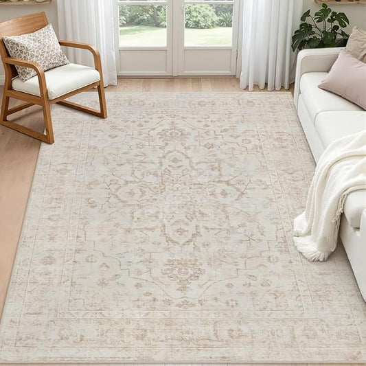 5x7 Area Rugs for Living Room: Vintage Boho Neutral Washable Rug Indoor Soft Large Area Rug Carpet for Bedroom Nursery Farmhouse Dining Room Office Floor Non-Slip Low Pile Under Table Rug Warm Beige