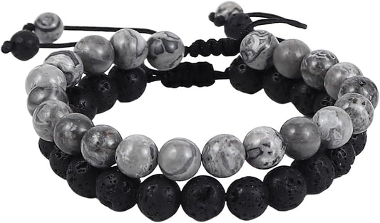 Caiyao 2Pcs Matte Lava Rock Volcanic Stone Beads Stretch Bracelet Stacking Essential Oil Diffuser Tiger Eye Seed Energy Yoga Bracelet for Men Women Couple Stress Relief Healing Aromatherapy Jewelry