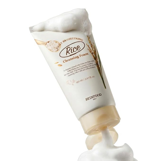 SKINFOOD Rice Daily Cleansing Foam 150ml - Delicate, Fine, and Smooth Brightening Cleansing with Fermented White Rice Ingredients - Firming Bubble Facial Foam Cleanser - For Men and Women (5.07 fl. oz.)