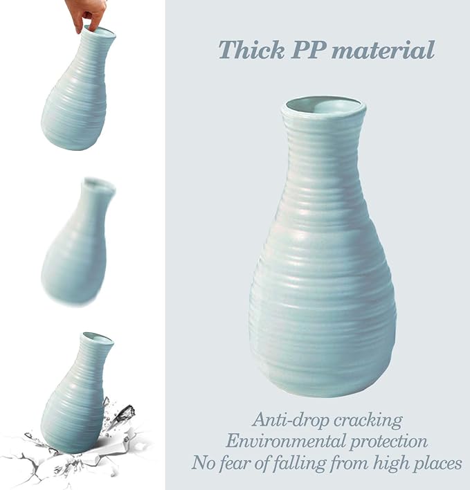 Unbreakable Vase for Flowers, Ceramic Look Plastic Vase for Home Decor, Living Room, Table (Seashell Blue)