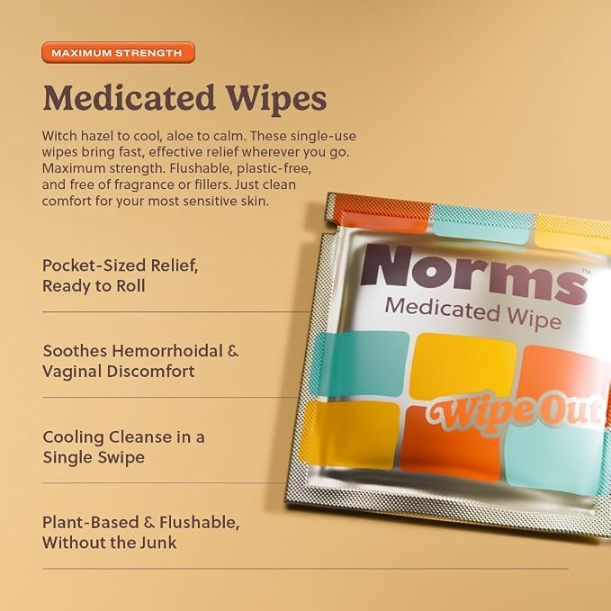 Norms Wipe Outs Hemorrhoid Wipes, 24 Individaully Wrapped Witch Hazel Wipes with Aloe to Soothe and Cool Itching, Burning and Irritation, Flushable Septic Safe, Plant Based & Plastic-Free