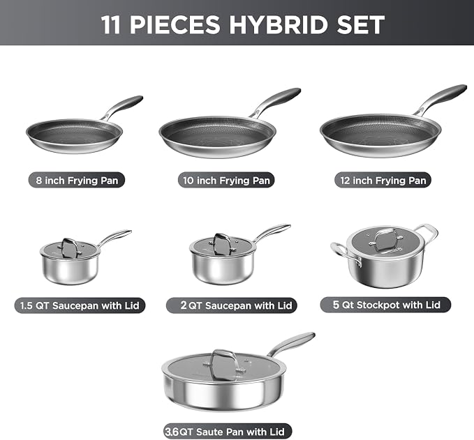 COOKER KING 11 Pcs Pots and Pans Set，Hybrid Stainless Steel Cookware Set | Non Stick, Non Toxic, PFOA Free, Oven Safe, Dishwasher Safe, Induction Compatible