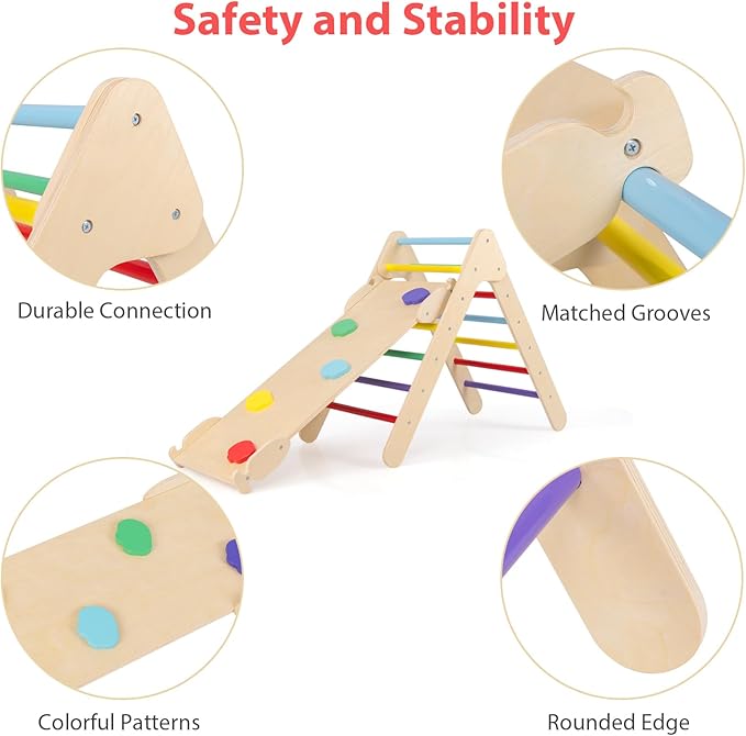 OLAKIDS Pikler Triangle Set 3 in 1 Climbing Toys for Toddlers Wood Montessori Baby Jungle Gym with Ramp Ladder Slide Kids Indoor Playground Activity Play Structure