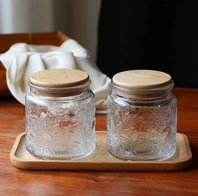 Set of 4 Vintage Glass Airtight Storage Jars, 17 FL OZ Glass Storage Containers with Bamboo Lids, Canning Jar for Kitchen Counter, Pantry, Cookie, Coffee, Tea, Sugar, Cute Jars | Glass Food Storage Containers for Coffee, Tea, Sugar, Candy, Cookie, Over...