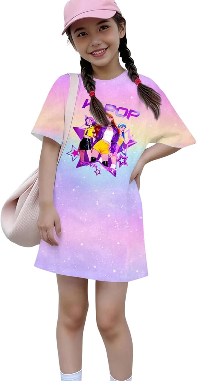 Girl's Anime K-POP Graphic Long Dress T-Shirt - Casual Loose Fit Short Sleeve Top