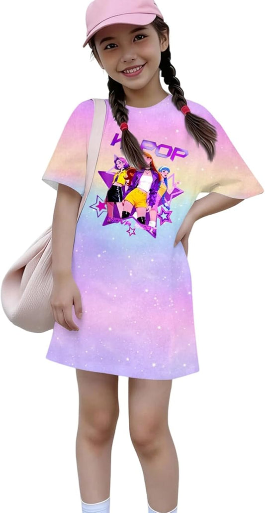Girl's Anime K-POP Graphic Long Dress T-Shirt - Casual Loose Fit Short Sleeve Top