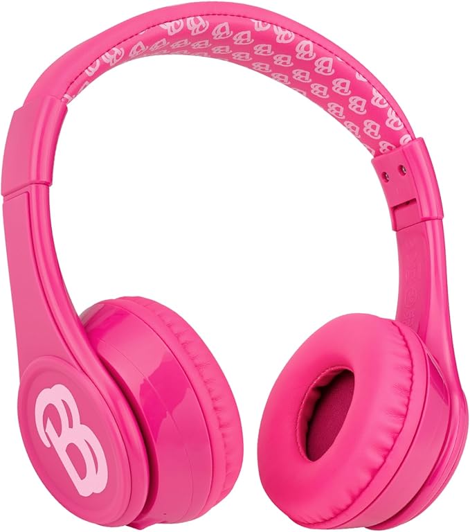 eKids Barbie Bluetooth Headphones, Pink Wireless Headphones with Microphone Includes Aux Cord, Volume Reduced Kids Foldable Earphones