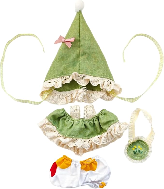 Doll Clothes Outfits, 4-Pieces 17cm Doll Clothes Set Accessories Clothing Decoration Elf Costume Set+ Green Hat+ Dress+ Colorful Pants + Small Pouch( No Doll Included )