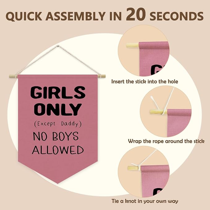 Girls Room Sign Decor Banner,Girls Only No Boys Allowed Door Sign Pennant Flag,Pink Cute Wall Decor for Teen Girls Bedroom Playroom Toddler Little Girl Stuff Wall Hanging Linen Banner 15x11 Inch