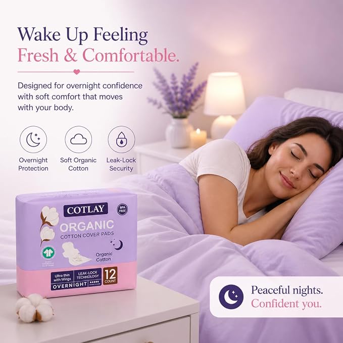 Organic Cotton Overnight Pads 24 Count | Thin, Ultra Absorbent and Long Pads | Overnight Pads for Women | Period Pads for Sensitive Skin 12 x 2 Pack