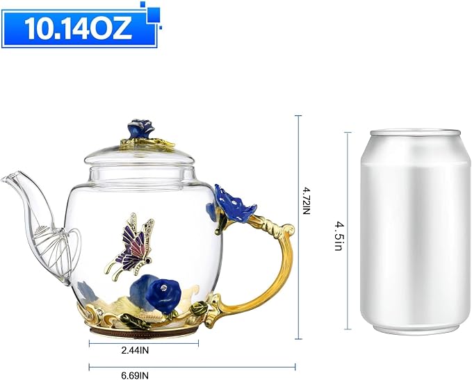 Glass Teapot -300 ml (10 oz) - Blue Rose Flower Butterfly Decoration Heat Resistant Glass Teapot Kettle Loose Leaf Teapot Tea Party Set (Blue)