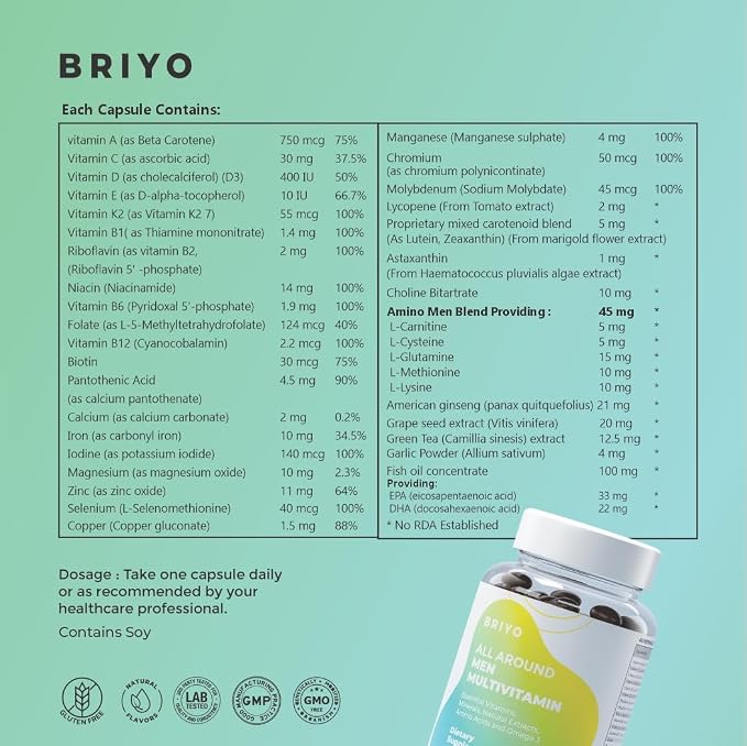 Briyo All Around Men - Multivitamin for Men with 38 Essential Vitamins, Minerals, Omega 3 and Plant Extracts – Supports Energy Immunity – Live Strong with One Daily Clean Capsule