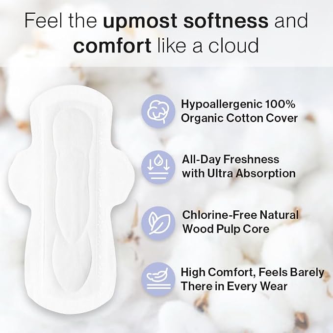 SANDIS Feminine Pad for Women - Regular 28 Count 100% Organic Cotton Ultra Thin with Wings for Periods Menstrual Pads Sanitary Napkins Super Absorbency Leak Protection