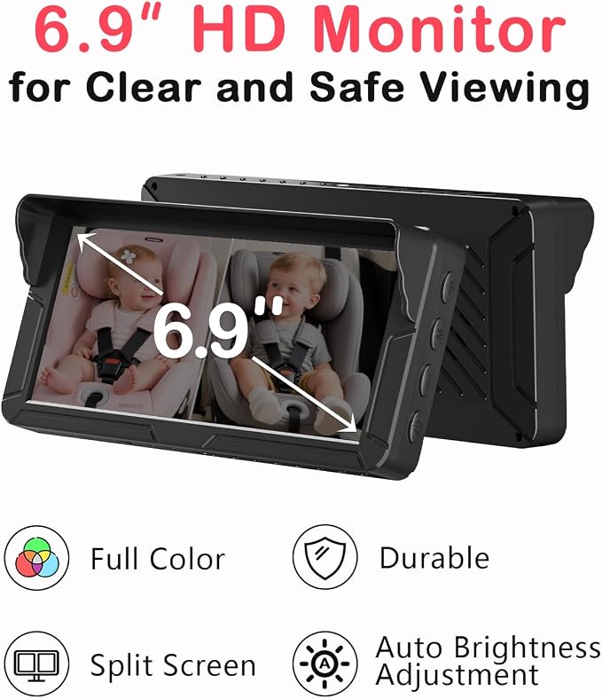 Rohent Dual Baby Car Camera for 2-Kids: 6.9'' HD Split Screen with Auto Brightness 1080P Backseat Camera for Twins Infrared Night Vision - 360° Adjustable USB Easy Setup Ideal for SUVs Minivans