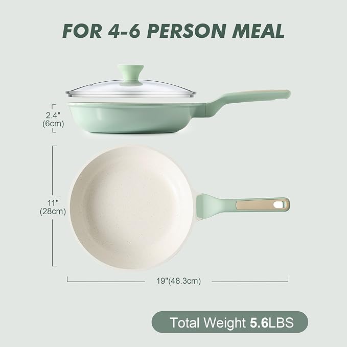 SENSARTE 11In Nonstick Ceramic Frying Pan with Lid, PFAS/PTFE Free, Green | Ceramic Omelette Pan Skillet, Healthy Non-toxic Chef's Pan, Induction Compatible Pan, Heat Resistant Handle