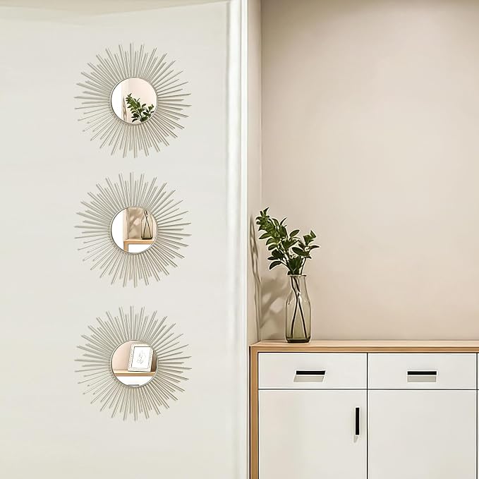 3 Pack Metal Mirrors for Wall Sunburst Wall Mirrors Home Décor Decorative Hanging Wall Art for Living Room Bedroom Entryway (Silver2, Sunburst)
