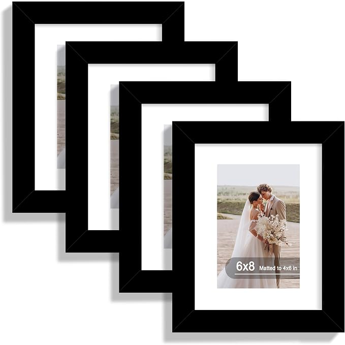 Hongkee 6x8 Picture Frame Set of 4, Made of Real Glass and Black Frame - Display Picture 4x6 with Mat or 6x8 Without Mat, 6 by 8 Photo for Wall or Tabletop