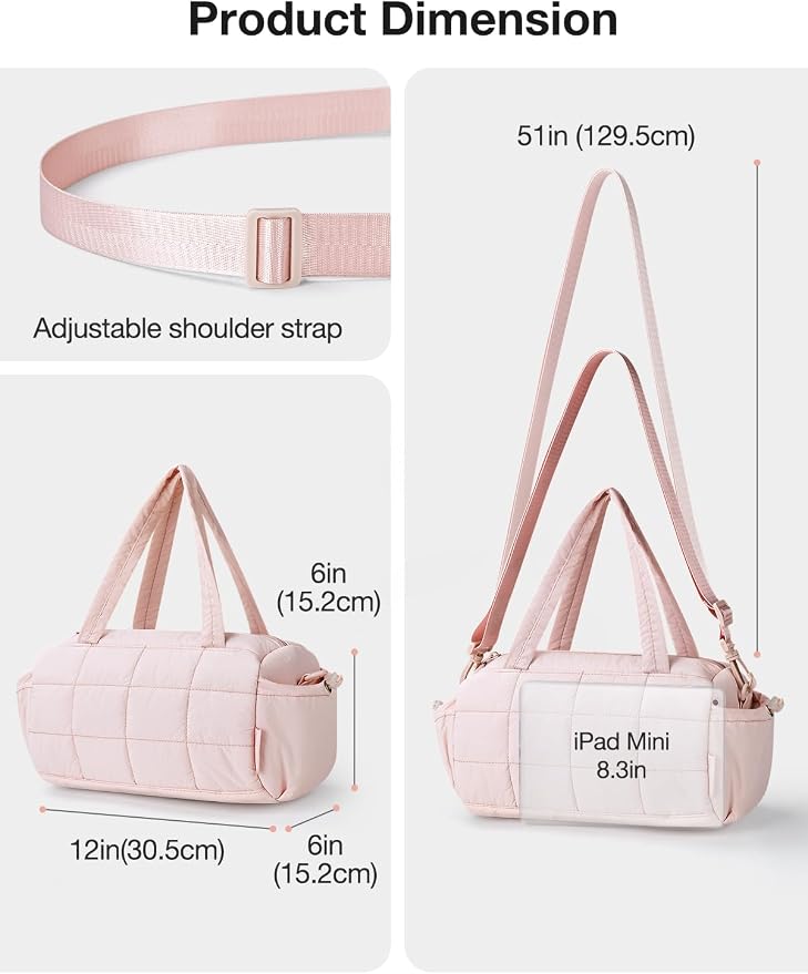 Noozion 12 Inch Mini Gym Bag for Women, Lightweight Quilted Crossbody Duffle Bag with Wet Pocket, Dual Side Pockets, Adjustable Strap, Small Workout Bag for Yoga, Pilates, Swimming & Daily Use