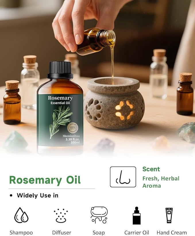 Rosemary Essential Oil, Herbal Scent, Diffuser, Hair & DIY, 3.38 Fl Oz | Mumianhua Rosemary Oil, Steam-Distilled. Herbal Aroma. For Scalp, Skin, Hair, Focus & DIY Cleaning. Dilute Before Use