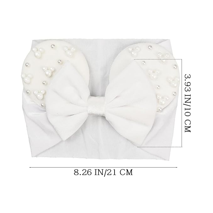JIAHANG White Velvet Mouse Ears Turban Headwrap with Beads, Wide Hair Bow Headband for Baby Girls, Infants, Toddler, Kids, Party Supplie