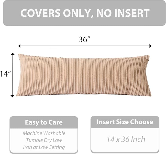 UGASA 14x36 Inch Pillow Cover Pack of 1 Soft Boho Stripe Corduroy Large Long Rectangular Lumbar Cushion Cover Farmhouse Decorative Throw Pillowcase for Bed, Couch, Sofa, Bedroom, Living Room, Beige