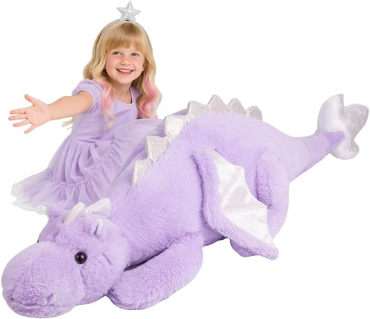 ARELUX Giant 52in 3Lb Big Purple Dragon Large Stuffed Animals Cute Plush Toy Fuzzy Jumbo Dinosaur Pillow Plushies with Wings Cuddly Soft Green Pterosaur Plushie for Friends Family Member