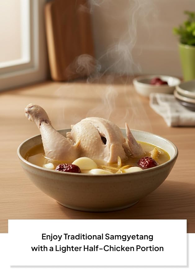 Korean Food Ginseng Chicken Soup Samgyetang, Jujube, Ready-to-Eat Meal 600g | Ready-to-eat Korean-style ginseng chicken soup with rice, ginseng, and jujube in a convenient 600g meal.