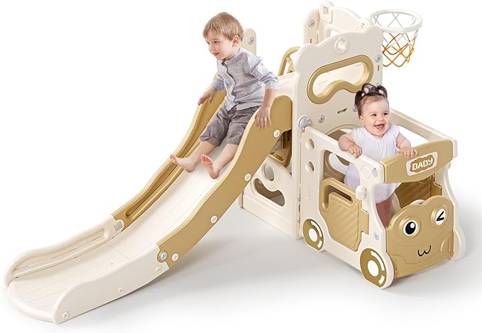 Lischwert 5 in 1 Toddler Slide, Indoor Slides Playground Set for Kids, Outdoor Slide Freestanding Playset, Toddler Playground with Basketball Hoop, Bus Playhouse and Climber for Kids Age 1+