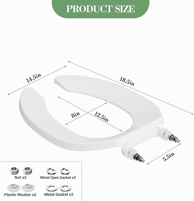 18.5 Inch Elongated Open-Front Toilet Seat, Commercial Heavy Duty Public Toilet Lid Without Cover, Never Loosen Design for Office, Church, Hospital Use (White)