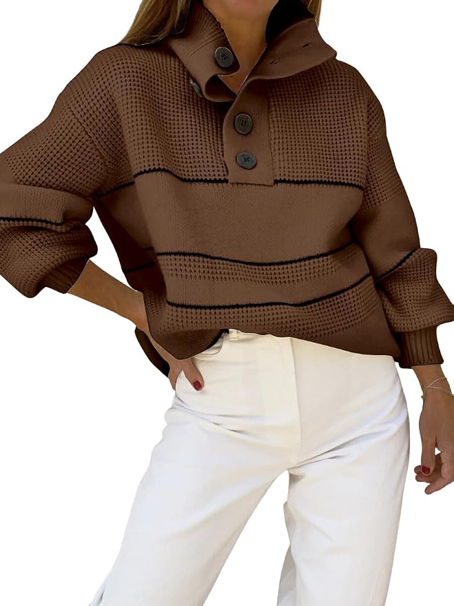 chouyatou Women's Slouchy Waffle Knit Sweater 1/2 Button Polo Collared Pullover Striped Sweater Tops