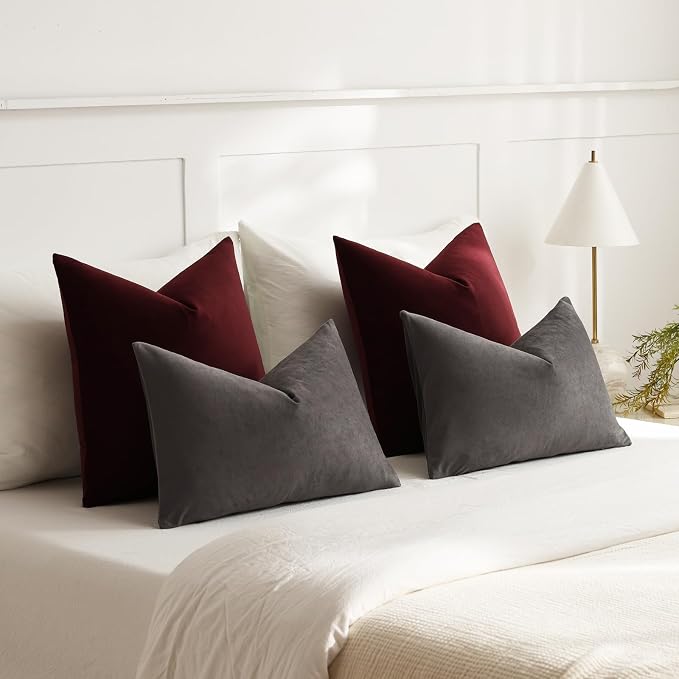 Euro Sham Covers 26x26 Burgundy: Pack of 2 Cozy Soft Velvet Square Modern Luxury Decorative Throw Pillow Cases for Sofa Couch Living Room Bed Home Decor