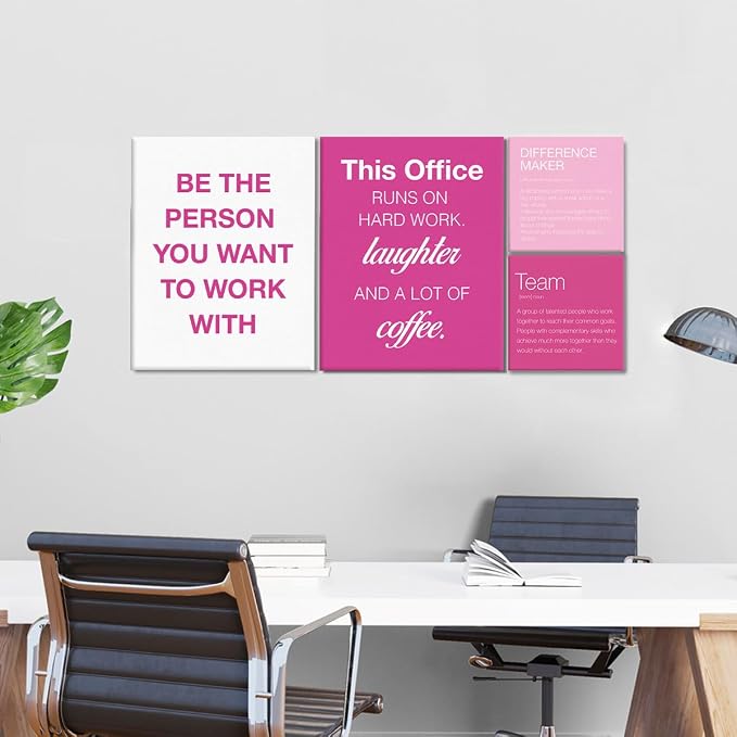 YEOION Motivational Office Wall Art,Inspirational Teamwork Wall Art for Office,Pink Positive Teamwork Wall Decor for Workplace Set of 6