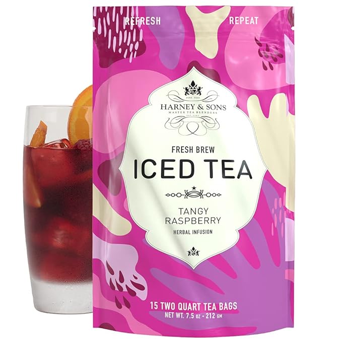 Harney & Sons Fresh Brew Iced Tea, Tangy Raspberry Black Tea, 15 Iced Tea Bags, Brews Up to 30 Quarts, Fruity Raspberry Flavor