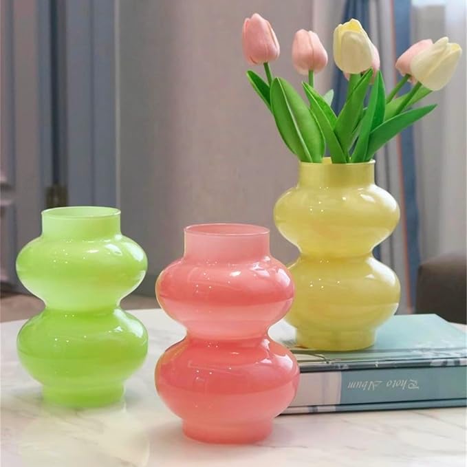 JSPYFITS Glass Hydroponic Flower Vase, Double Balls Colored Glasses Bubble Vases for Flower, 7 Inches Glass Funky Vase for Home/Office/Weddings/Party Table Flower Décor (Milky Green)