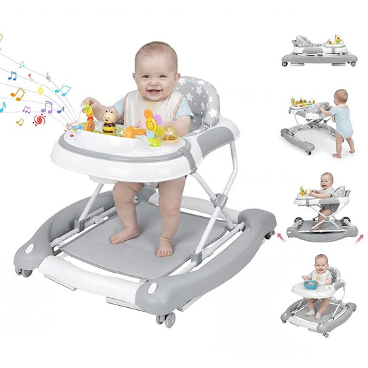 5 in 1 Baby Walker, Music and Lights Foldable Baby Walker with Wheels, 3 Adjustable Heights, with Bouncer Combo, Rocker, Activity Walker for Baby Boy and Girl 6-18 Months (Gray)
