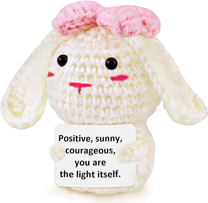 PARTY TONIGHT Mini Funny Positive Bunny Inspirational Gifts,Handmade Emotional Support Crochet Pink Bow Bunny for Women Men Coworker Positive Crochet Bunny Home Decor