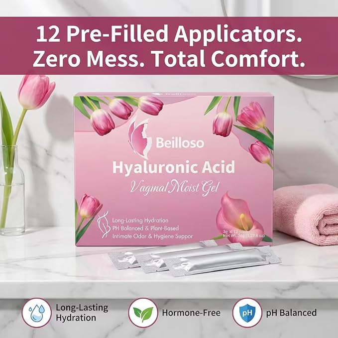 Vaginal Moisturizer Gel — Hyaluronic Acid Formula for Long-Lasting Dryness Relief | 12 Pre-Filled Single-Use Applicators | Hormone-Free, pH Balanced
