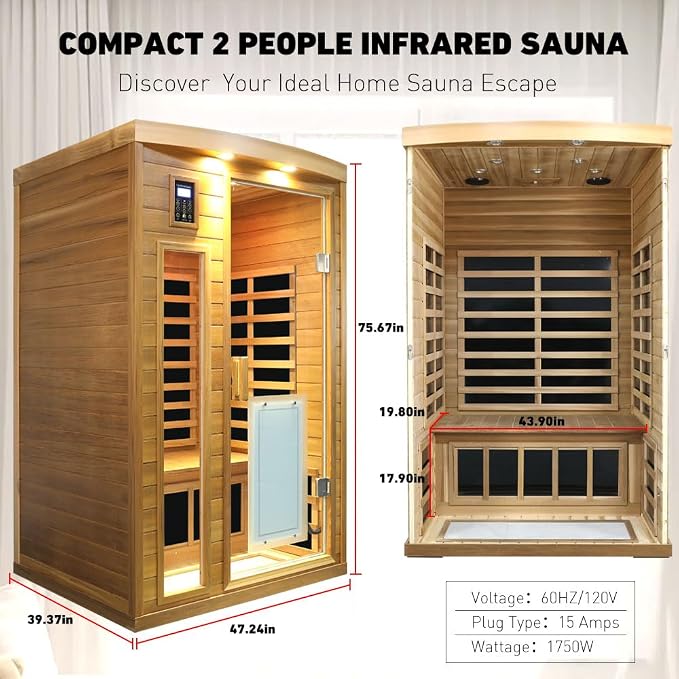 2 Person Ultra Low EMF Infrared Sauna for Home, Red Cedar Wood Far Infrared Saunas, 1750watt Indoor Personal Sauna with Door Heating Panels, Blue-tooth, 7-Color Chromotherapy Lights, 2 Outdoor Lamps