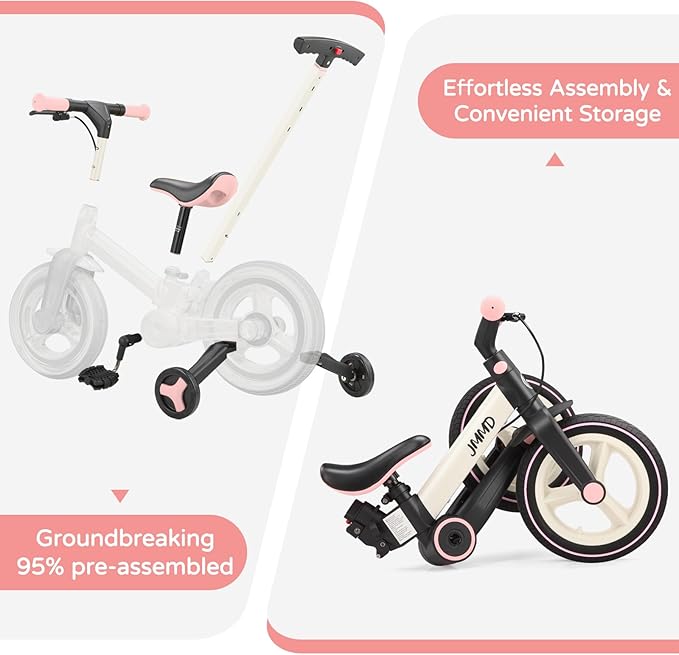 JMMD 6 in 1 Toddler Bike with Push Handle for Kids 18-60 Months, 12" Foldable Balance Bike with Training Wheels, Pedals, Brakes, Kickstand, Push Tricycle Toddler Gift & Toys for Boy & Girl