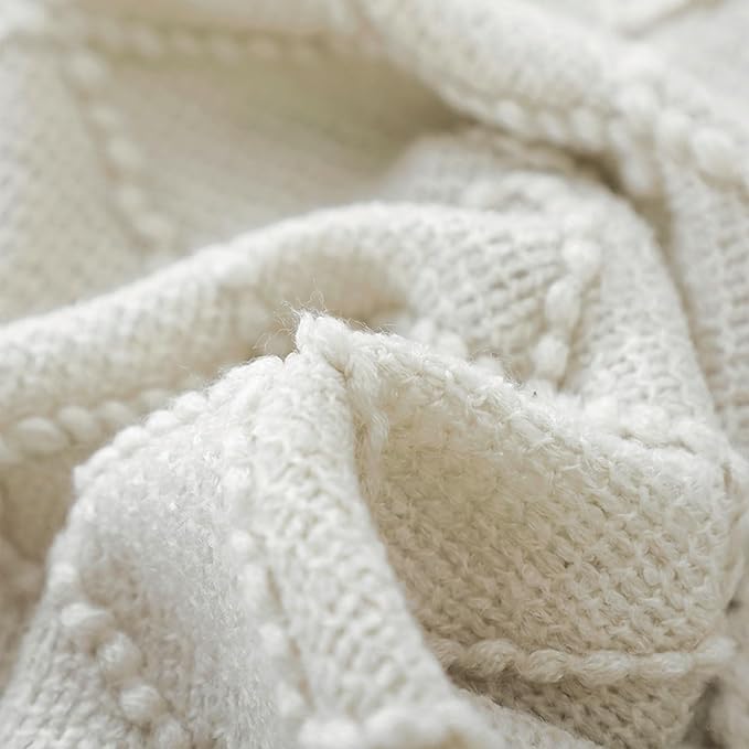 BOURINA Beige Throw Blanket 50x60 Inch Boho Knitted Soft Throw Sofa Blanket | Knitted Throw Blanket 50x60 Inches, Soft Lightweight Boho Weave Throw Decorative Couch Blanket for Living Room Bedroom Chair