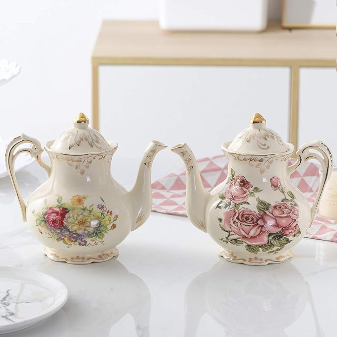 YOLIFE Flowering Shrubs Teapot, 25 OZ/ 3 Cup Vintage Ivory Porcelain Tea Pot, Ivory Floral Teapot with Gold Trim