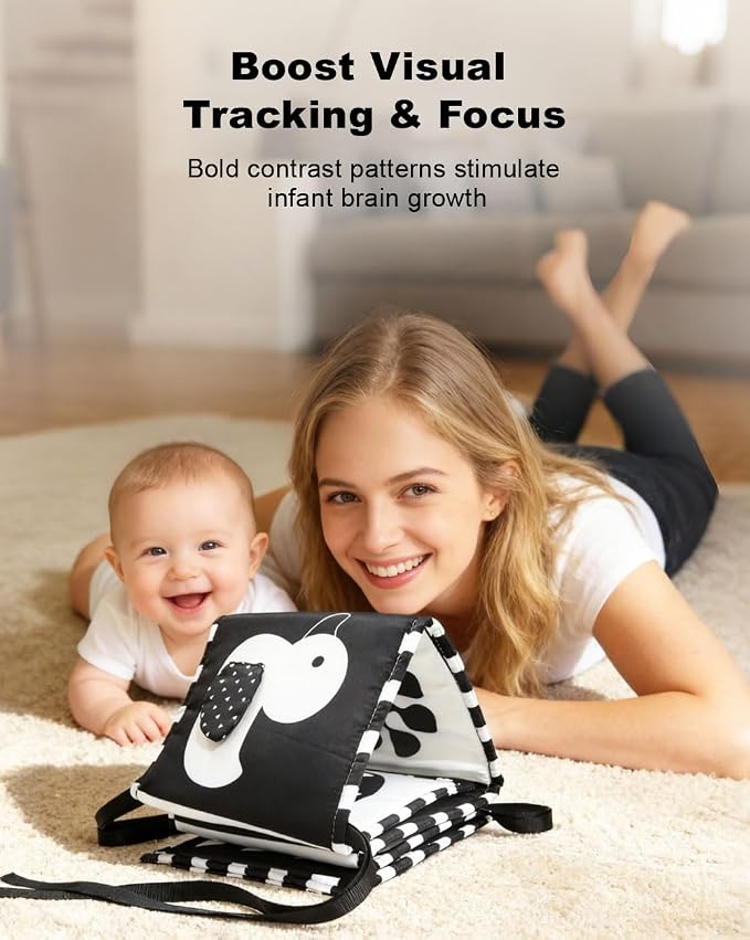 Aila+Aiden Black and White Baby Toys, Tummy Time High Contrast Newborn Toys 0-3 Months, Soft Baby Book, Visual Stimulation Montessori Sensory Infant Toys 0-6-12 Months, Shower Gift for Boys Girls