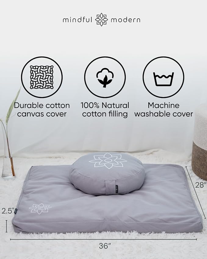 Mindful & Modern Zabuton Meditation Mat - Cotton Filled Yoga and Meditation Pad - Zabuton Meditation Cushion for Kneeling and Sitting Support - Large Rectangular Sitting Floor Pillow for Bench or Zafu