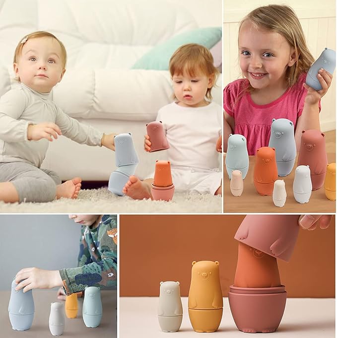 OESSUF 8 Pieces Silicone Nesting Dolls Russian Matryoshka Doll Easter Toys Montessori Educational Toy for Kid Boys Girls Bears Stacking Nesting Toys Set for Toddlers 3 Years Up