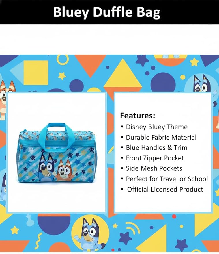 Bluey Kids’ Duffle Bag – Bluey & Bingo Travel Gym Bag with Adjustable Shoulder Strap, Mesh Side Pockets & Zipper Pocket