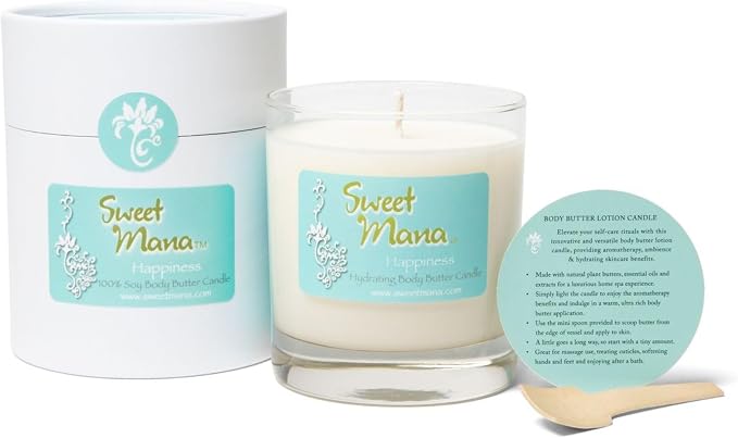 Happiness Lotion Candle | Gardenia, Pineapple & Coconut Water | Luxury Soy Candle | Aromatherapy Massage Candle | Ultra Moisturing Body Butter | Hand Poured in USA | 9 oz. | Sweet Mana