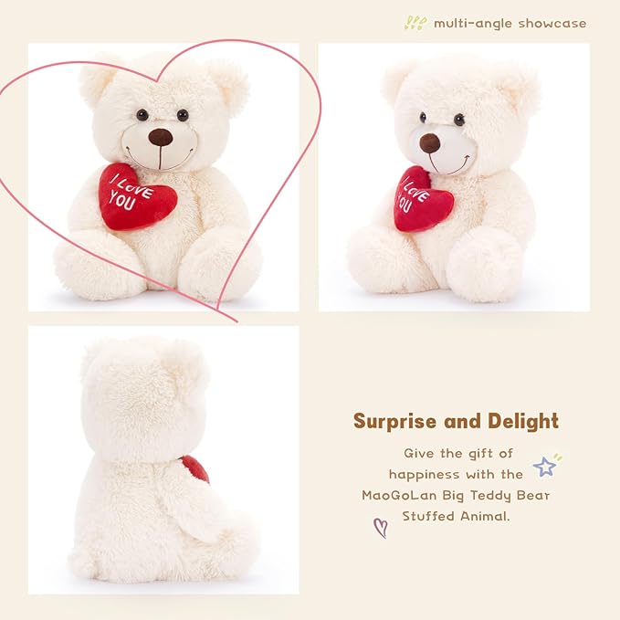 MaoGoLan Small Teddy Bear with Red Heart, I Love You Valentines Teddy Bear Stuffed Animal White,Velvet Red Heart Bear Gift for Kids,Girlfriend,Wife,12"