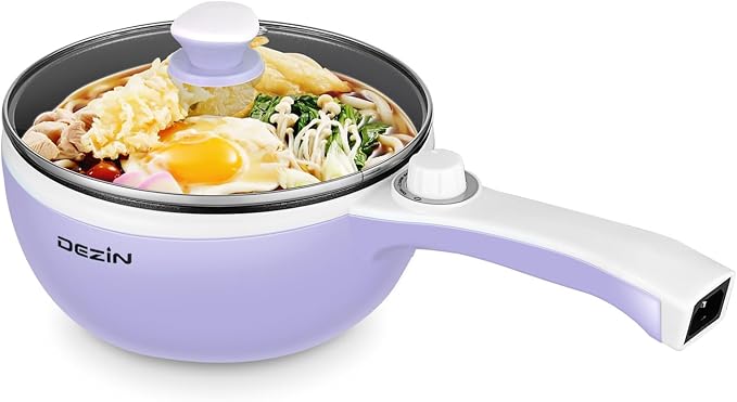 Dezin Hot Pot Electric, 1.5L Non-Stick Portable Electric Pot, Dual Power | 700W Upgraded Electric Pot for Cooking Steak, Egg, Oatmeal, Soup, Mini Ramen Cooker for Dorm, Travel, Camping, RV, Purple Pan